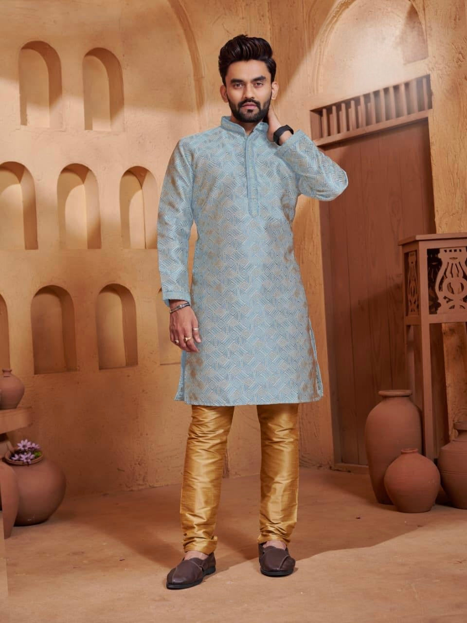 Men’s Jacquard Kurta Set with Silk Pajama