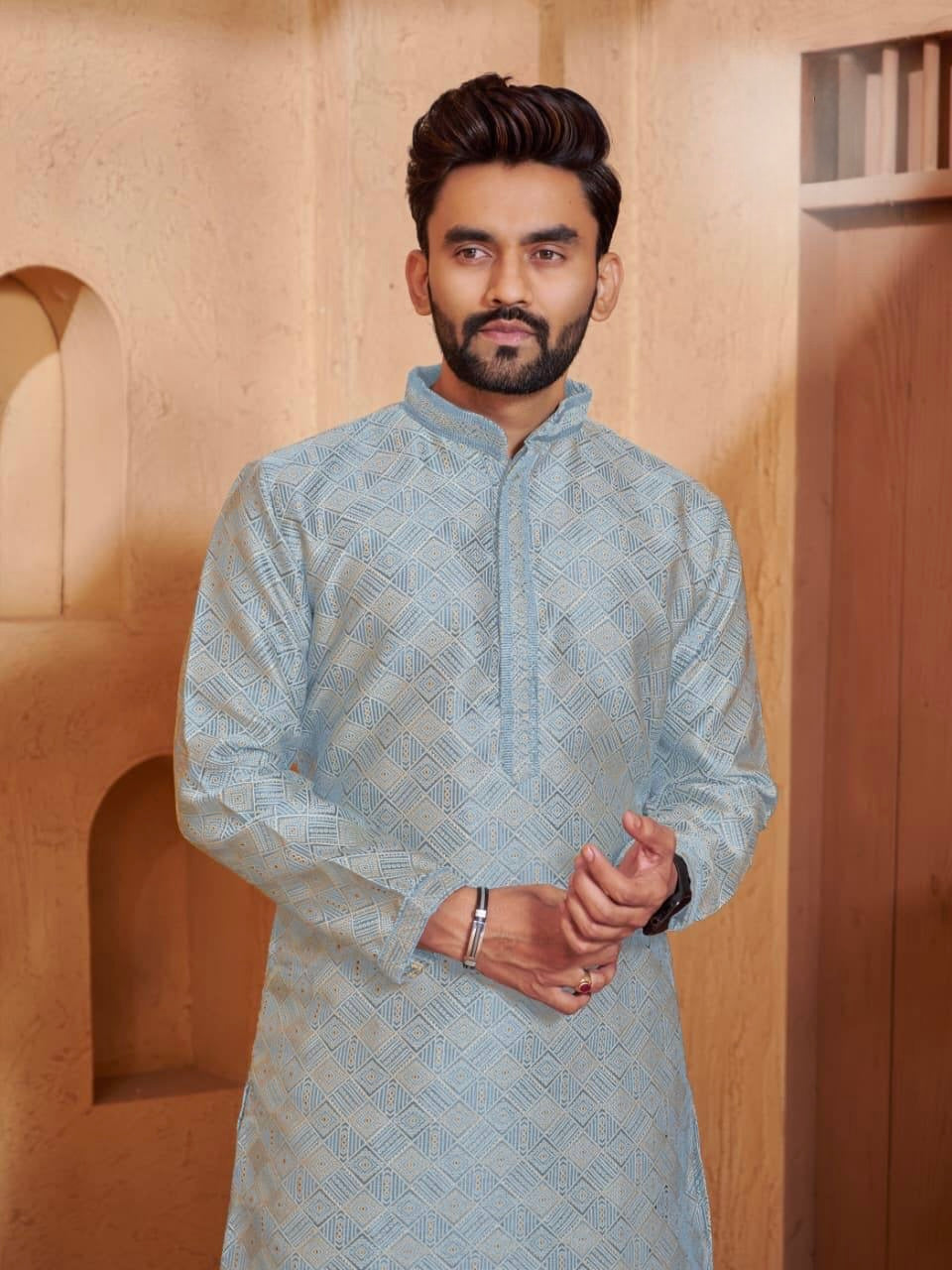 Men’s Jacquard Kurta Set with Silk Pajama