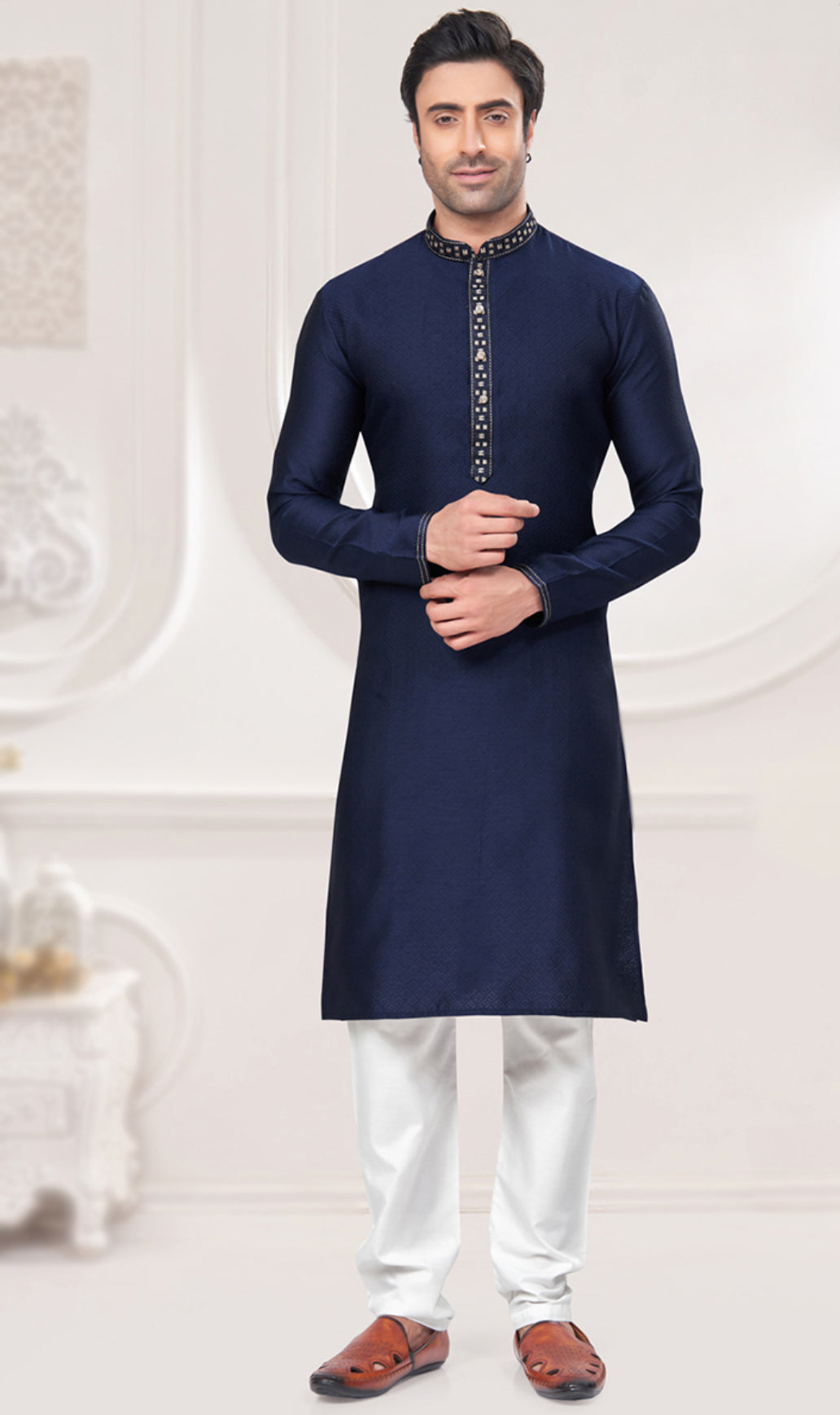 Navy Blue Jacquard weaved Kurta for men