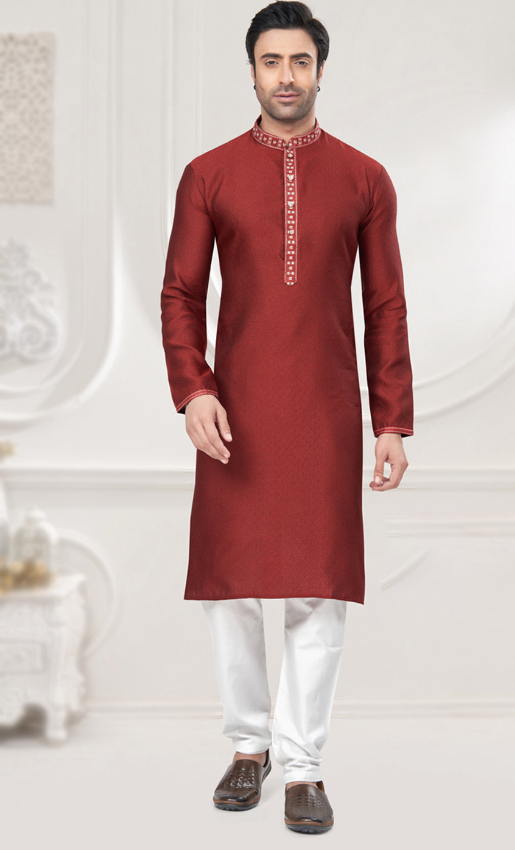 Red Jacquard weaved Kurta for men
