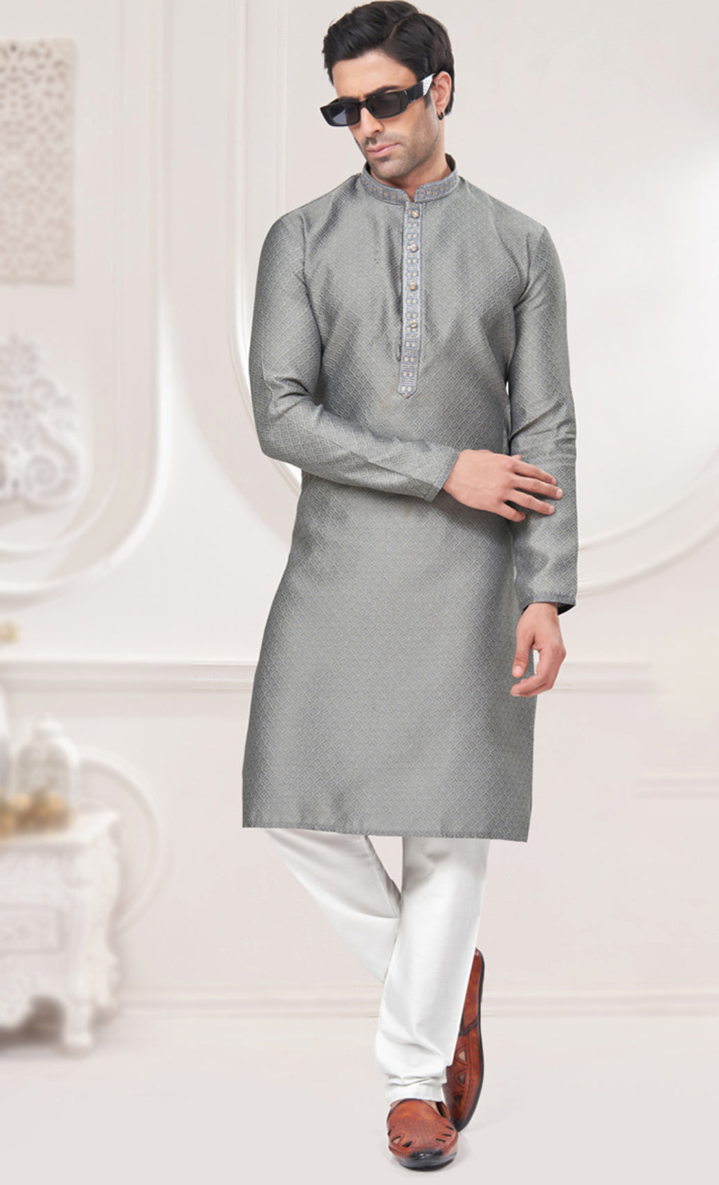 SilverJacquard weaved Kurta for men