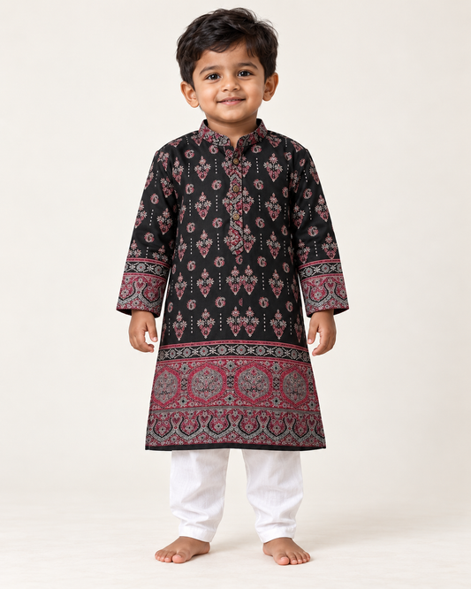 Boys’ black with burgundy paisley border printed kurta and white pants set – model front view