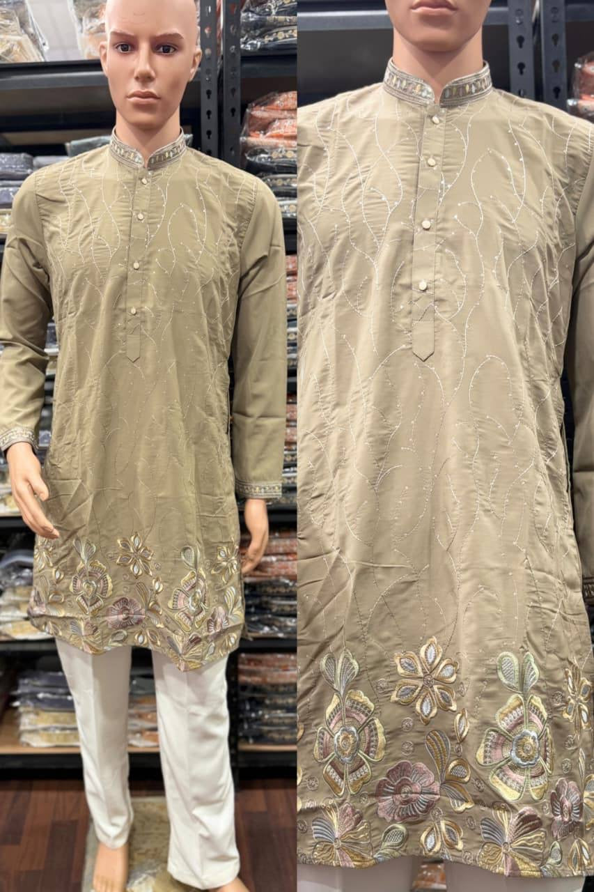Men’s taupe floral embroidered sequin kurta with semi cotton pants – embroidery detail