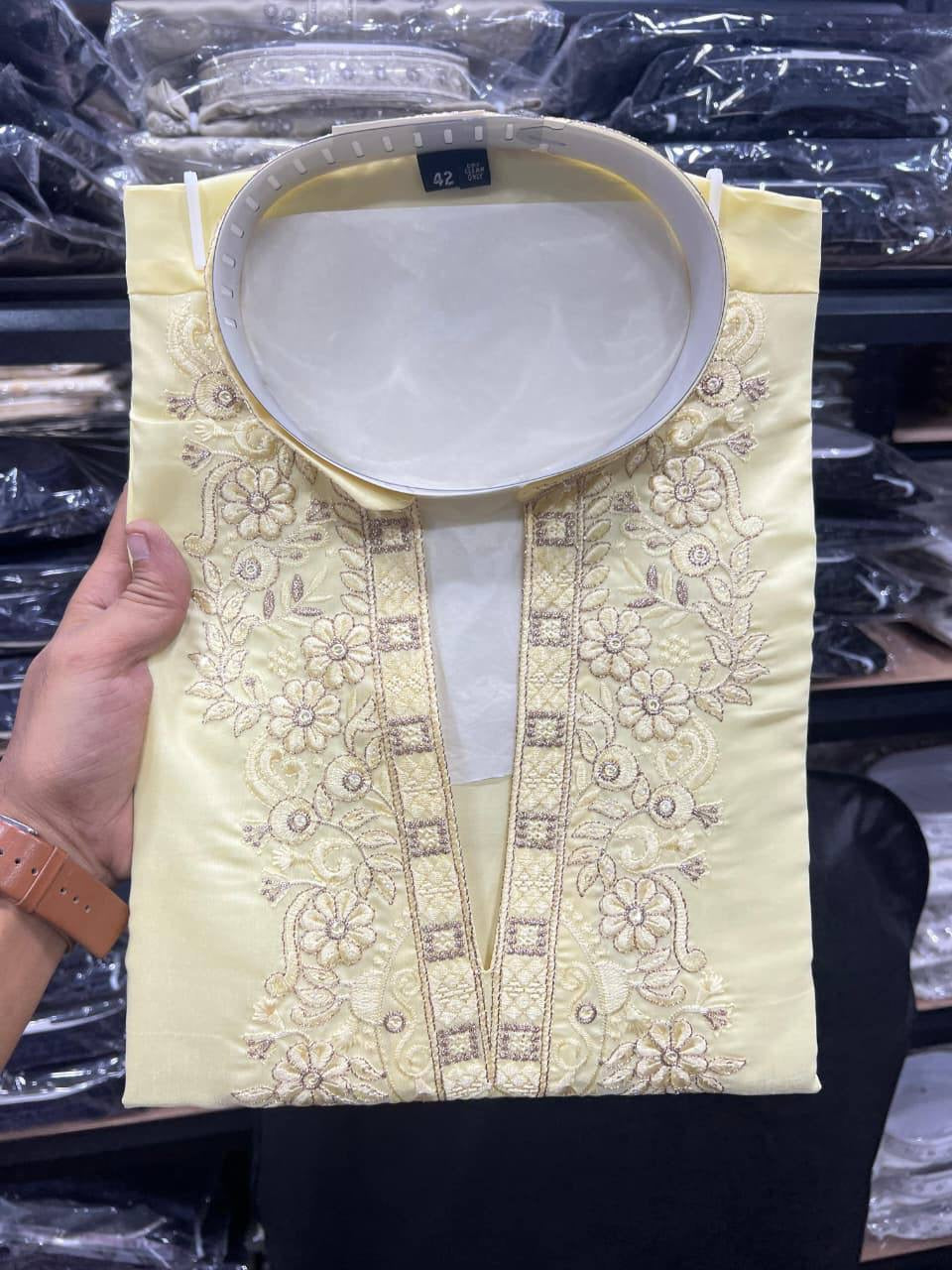 Butter Yellow embroidered cotton silk kurta neckline embroidery close-up