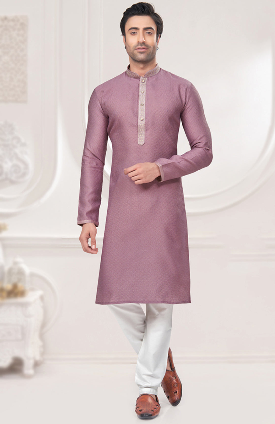 mauve Pink Jacquard weaved Kurta for men