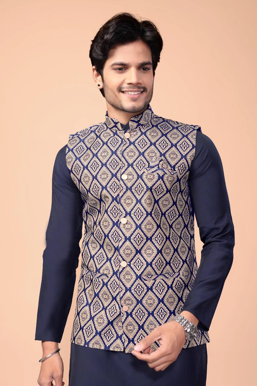 Navy Blue Nehru Jacket with Kurta Set