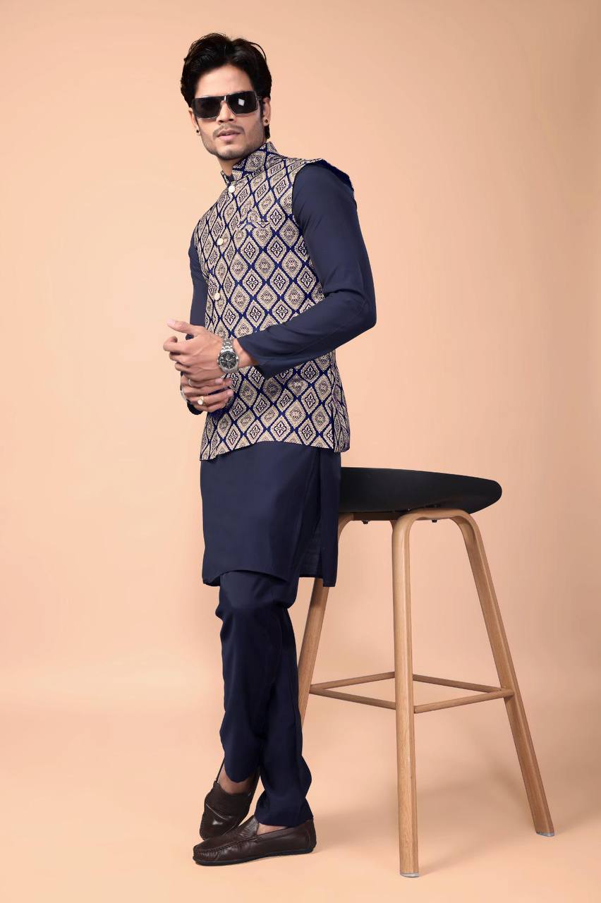 Navy Blue Nehru Jacket with Kurta Set