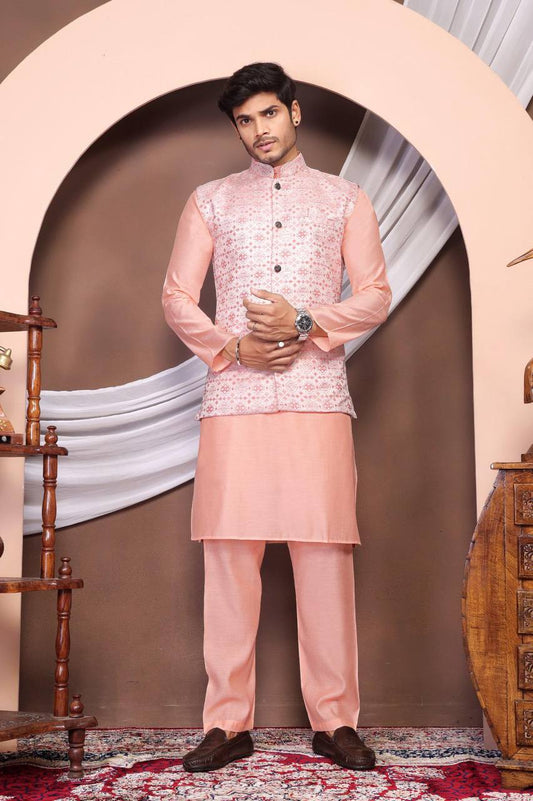 Peach Kurta Pants Set with Nehru Jacket