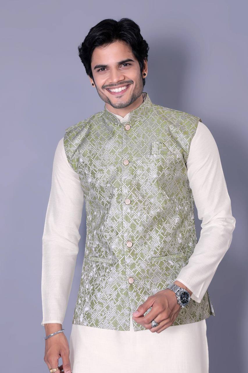 Off-White Kurta Set with Olive Green Nehru Jacket