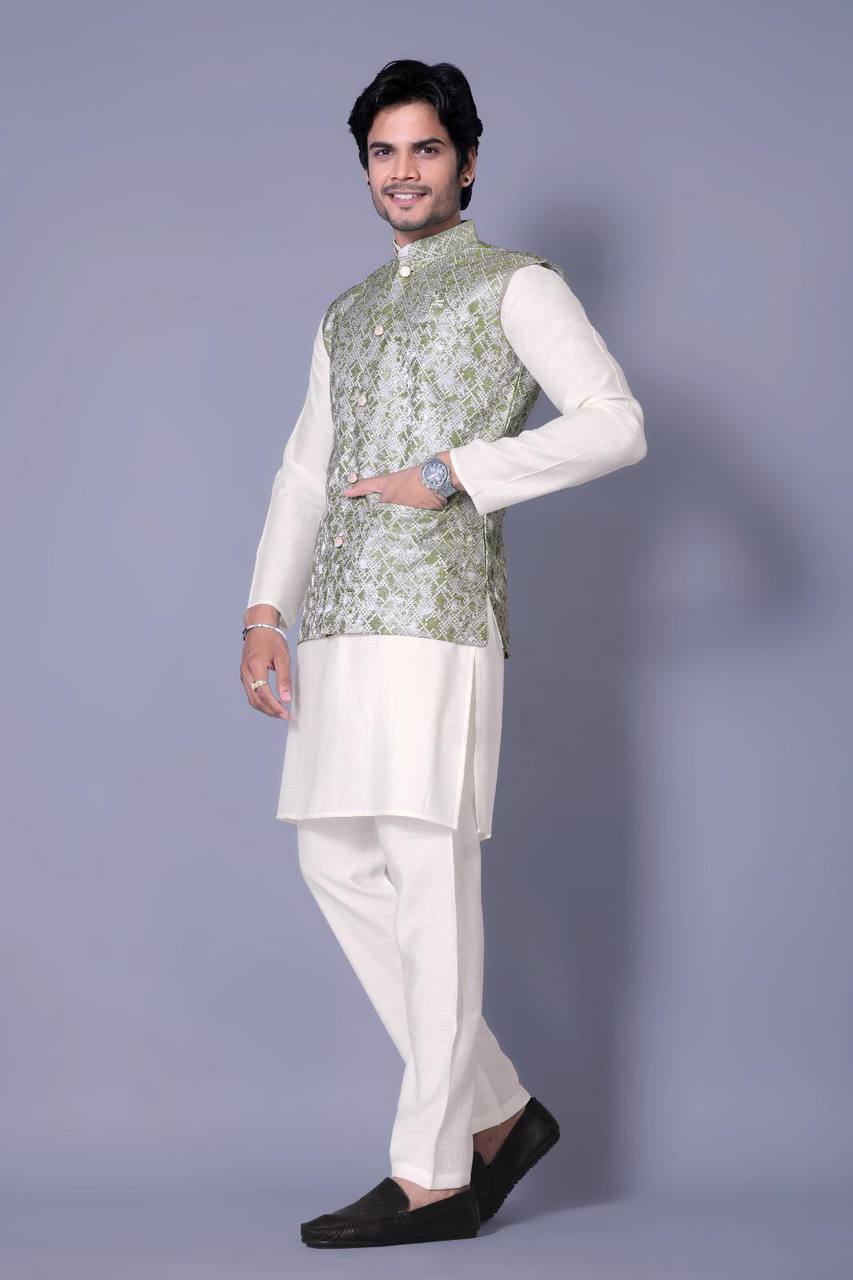 Off-White Kurta Set with Olive Green Nehru Jacket