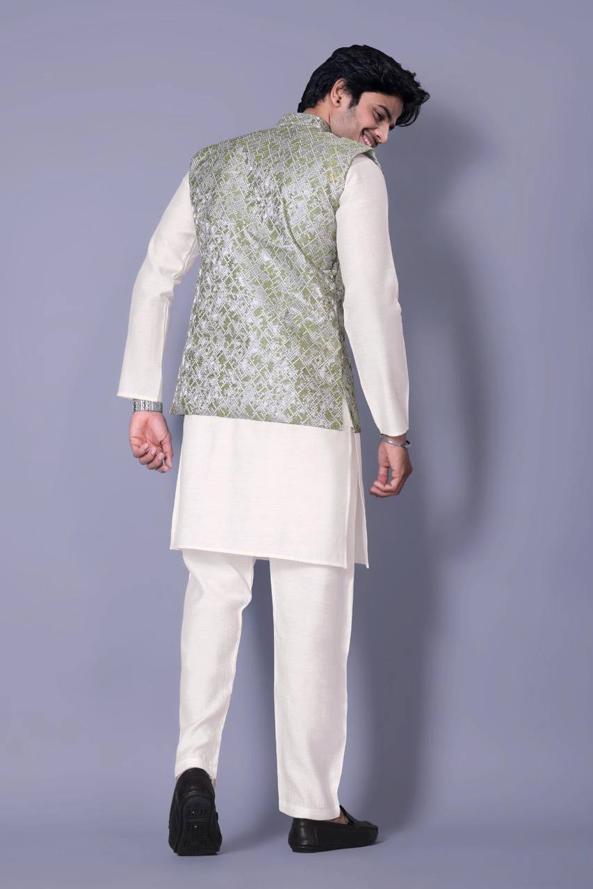 Off-White Kurta Set with Olive Green Nehru Jacket