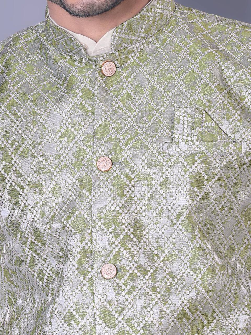Off-White Kurta Set with Olive Green Nehru Jacket