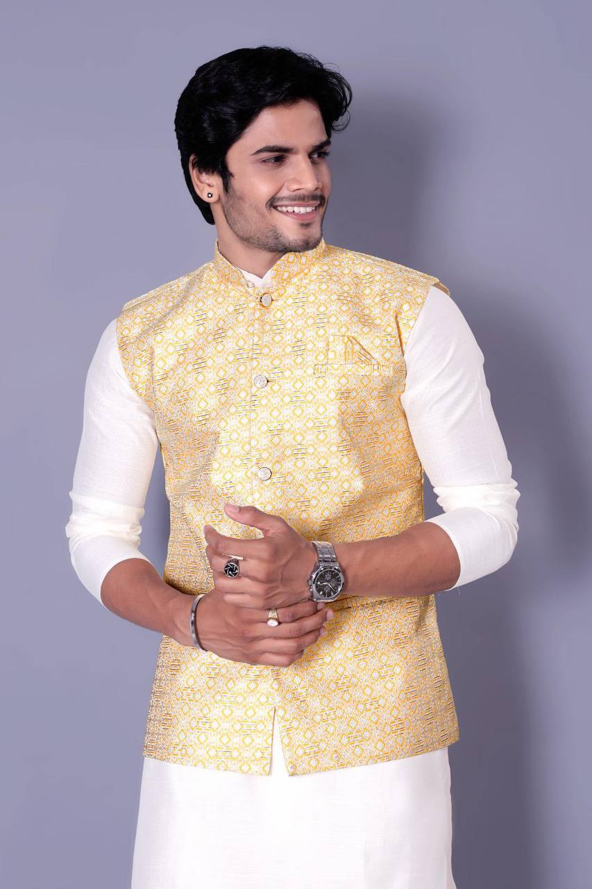 Kurta Set with Yellow Nehru Jacket