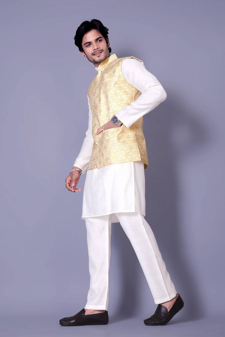 Kurta Set with Yellow Nehru Jacket