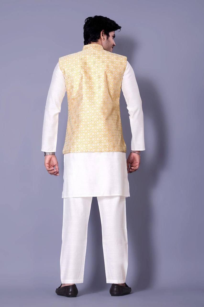 Kurta Set with Yellow Nehru Jacket