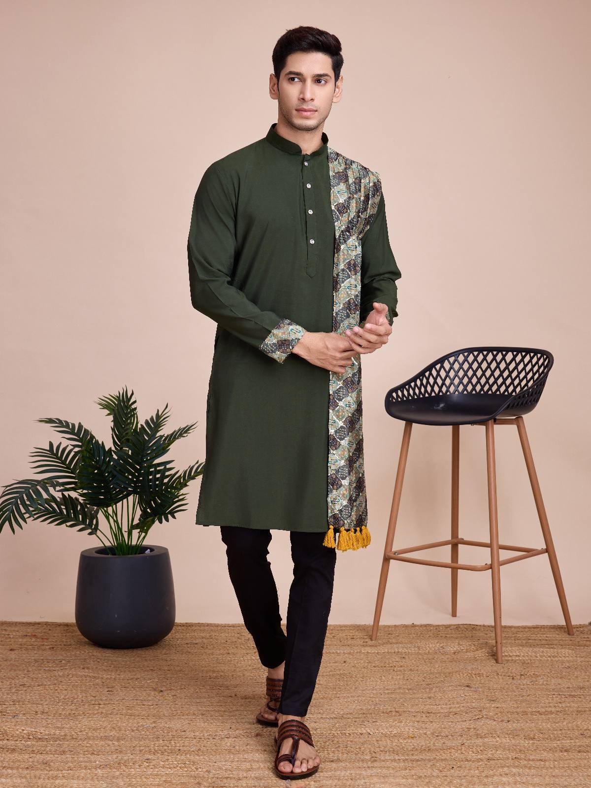 Men's Solid Kurta Set with Shawl