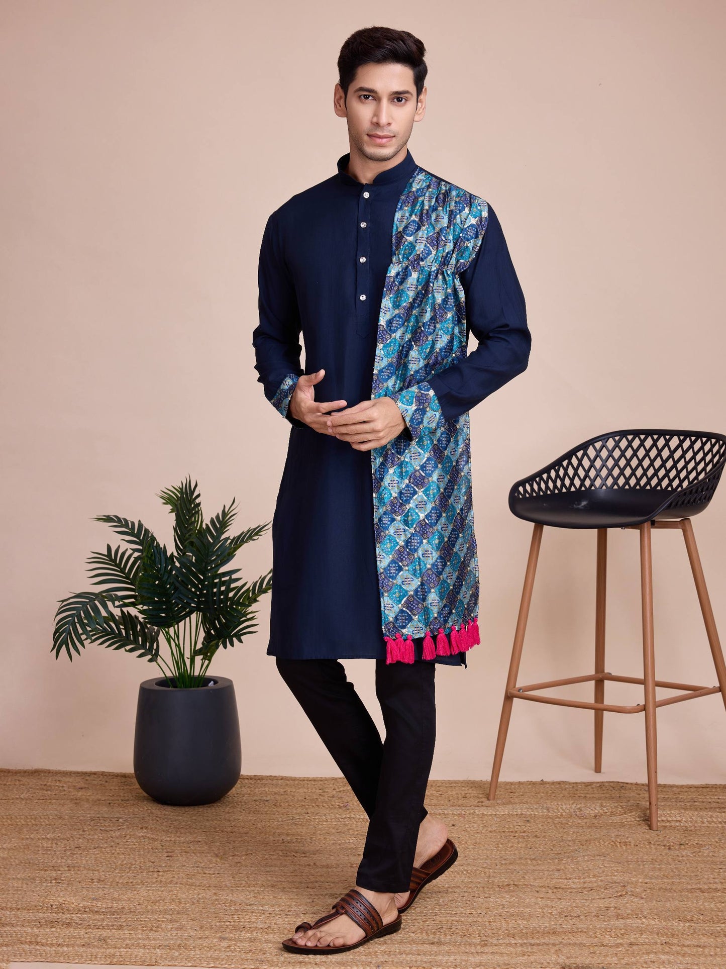 Men's Solid Kurta Set with Shawl