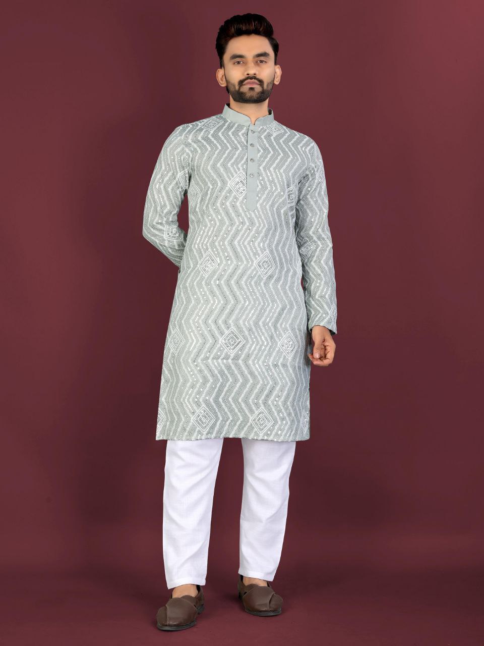 Chikankari Embroidered Kurta Set with Cross Pattern & Sequins