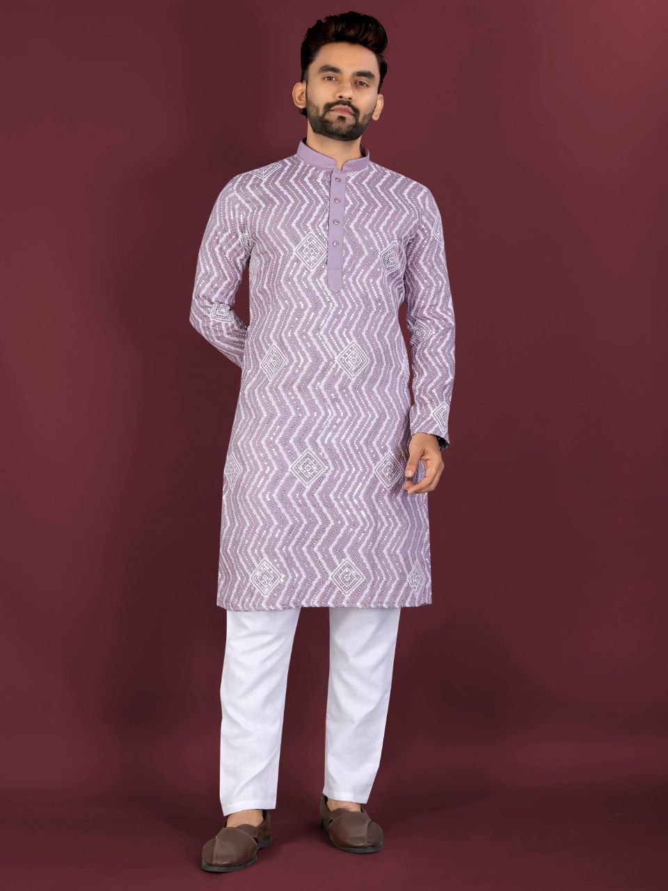 Chikankari Embroidered Kurta Set with Cross Pattern & Sequins
