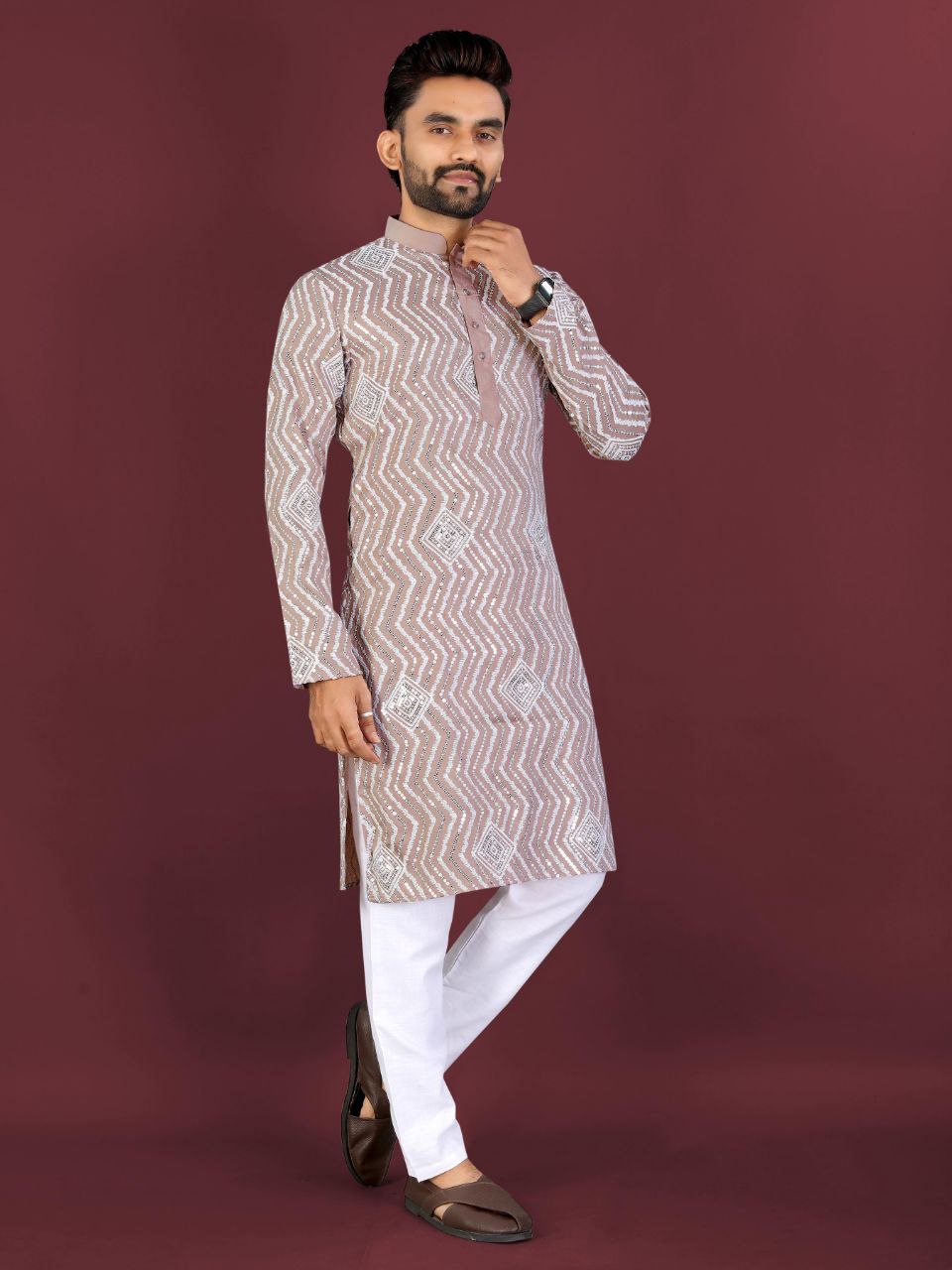 Chikankari Embroidered Kurta Set with Cross Pattern & Sequins