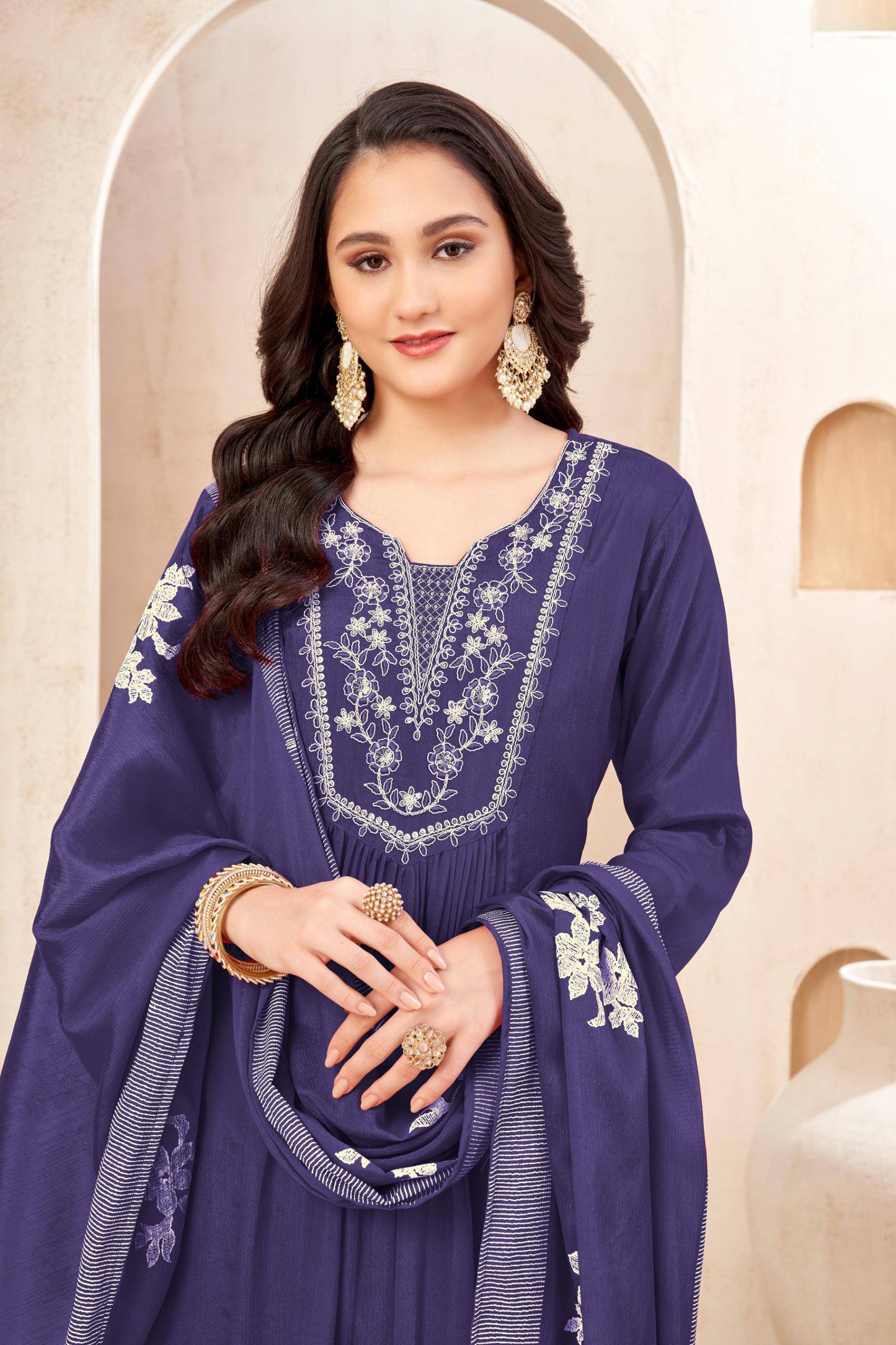 Chinon Embroidered Kurti Set with Dupatta