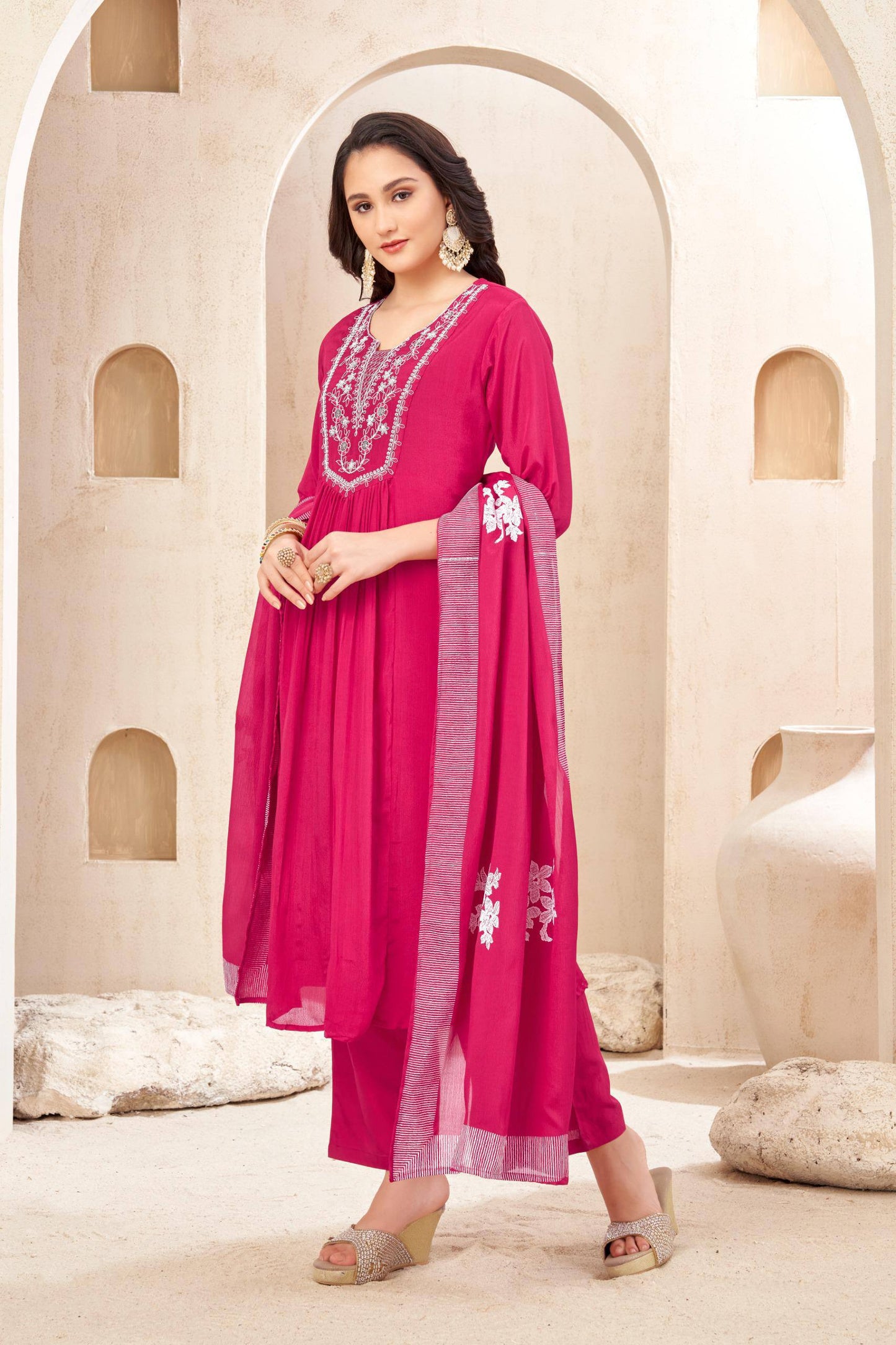 Chinon Embroidered Kurti Set with Dupatta