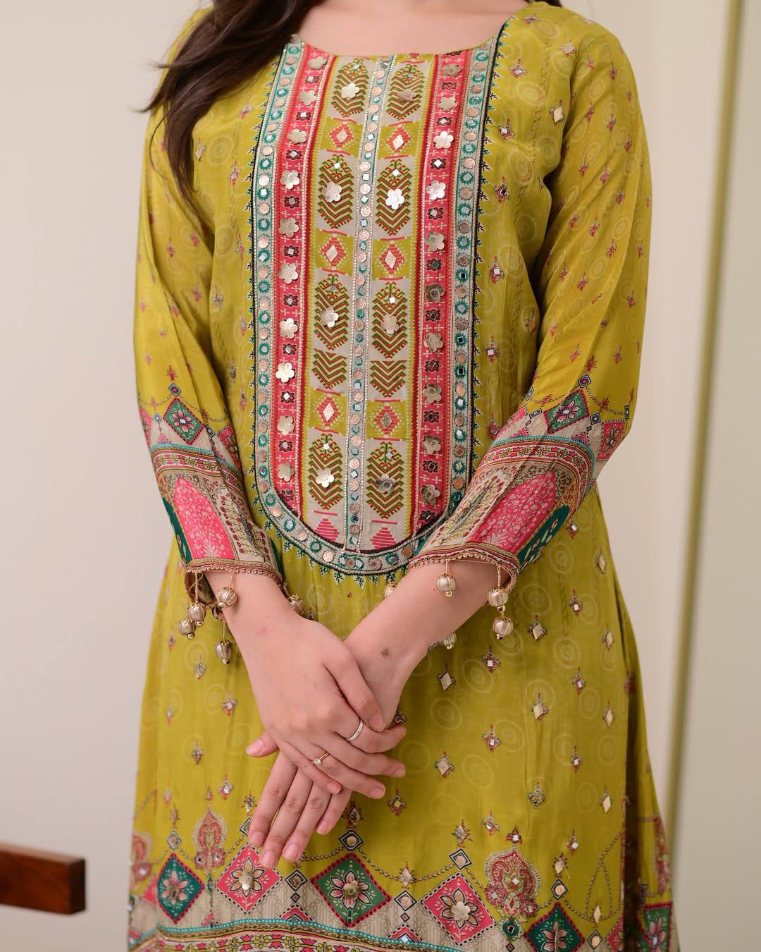 Green Embroidered Chinon Kurti Set with Dupatta