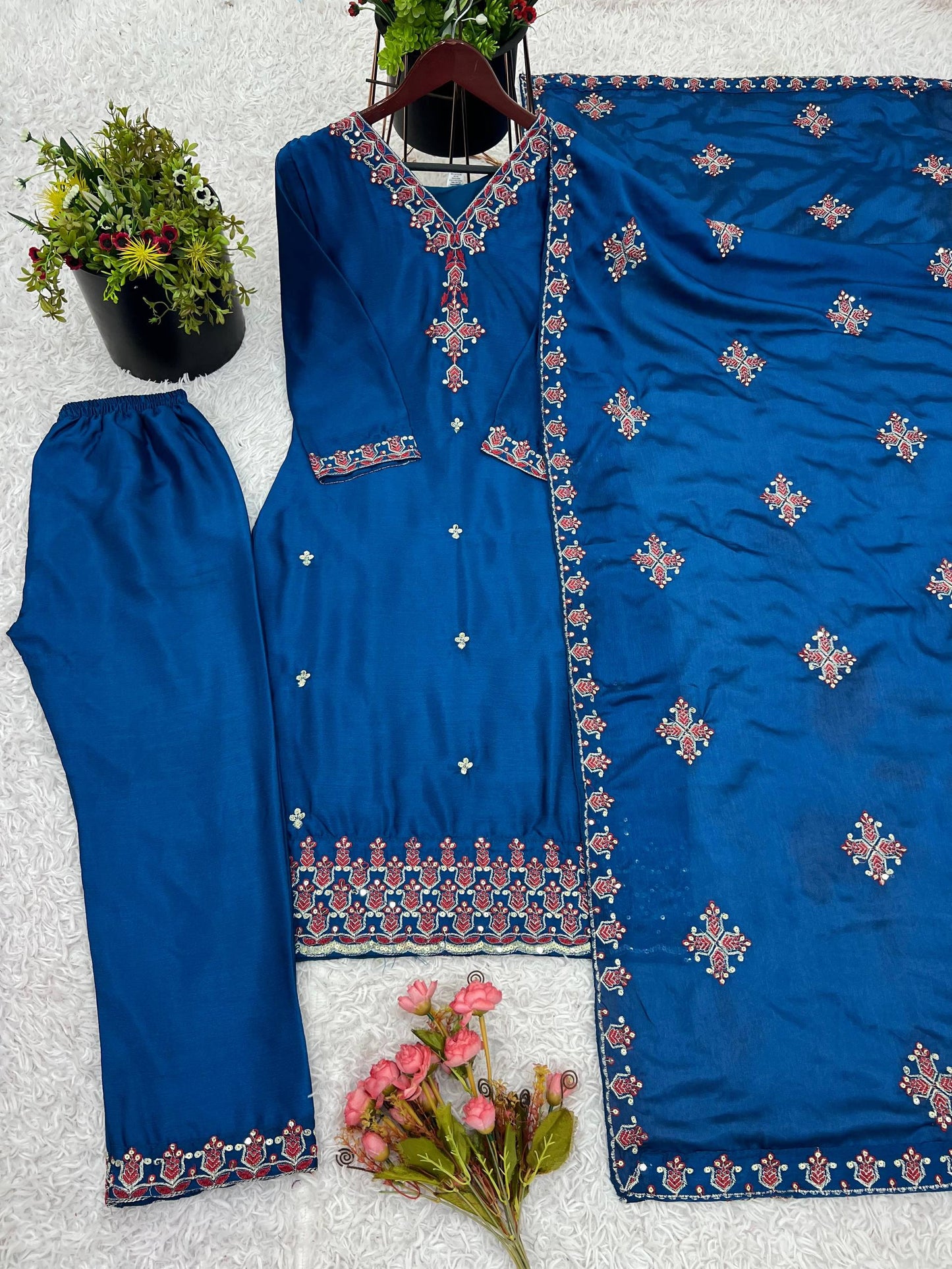 Embroidered Chinnon Silk Suit Set with Dupatta