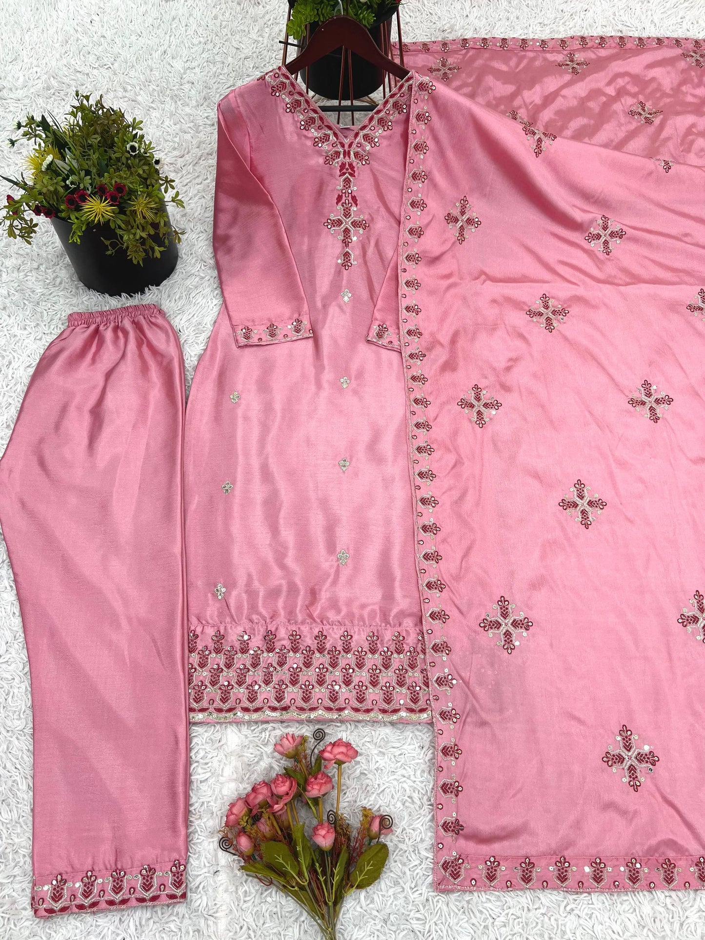 Embroidered Chinnon Silk Suit Set with Dupatta