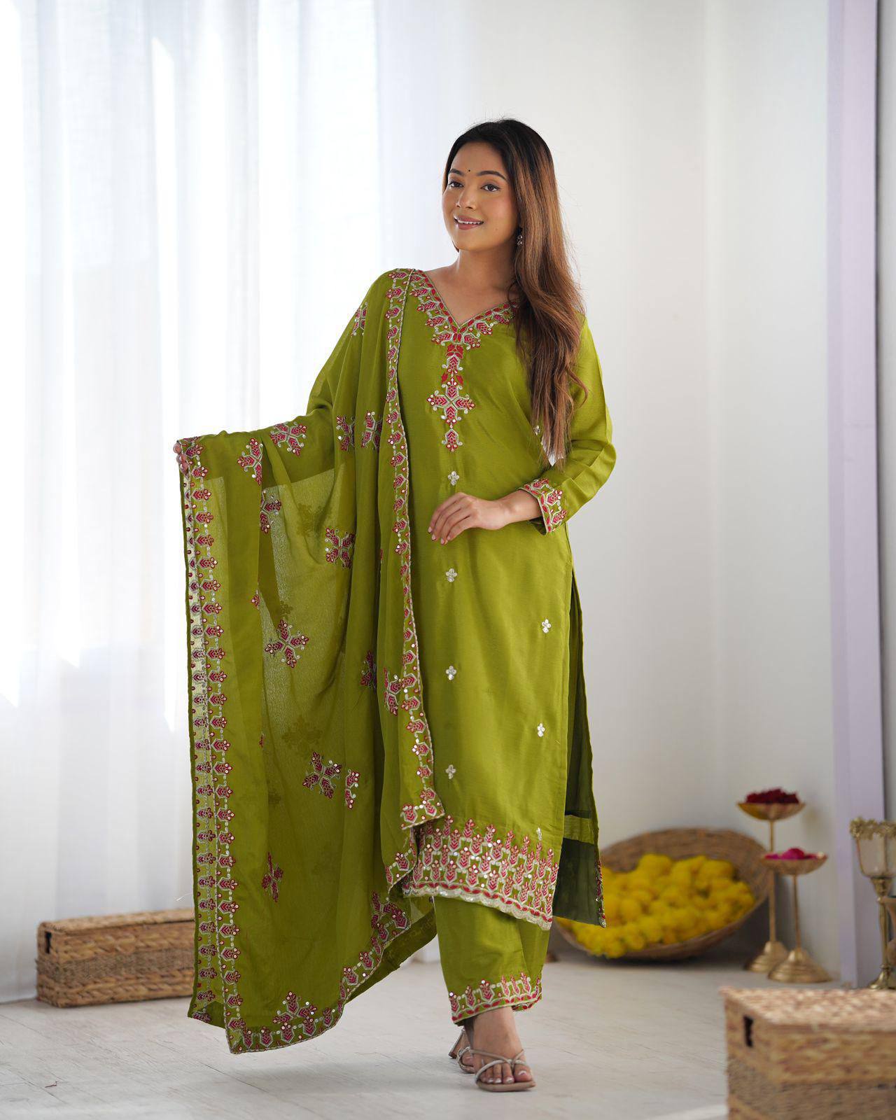 Embroidered Chinnon Silk Suit Set with Dupatta