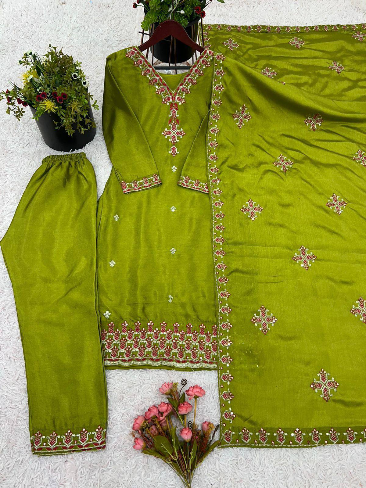 Embroidered Chinnon Silk Suit Set with Dupatta
