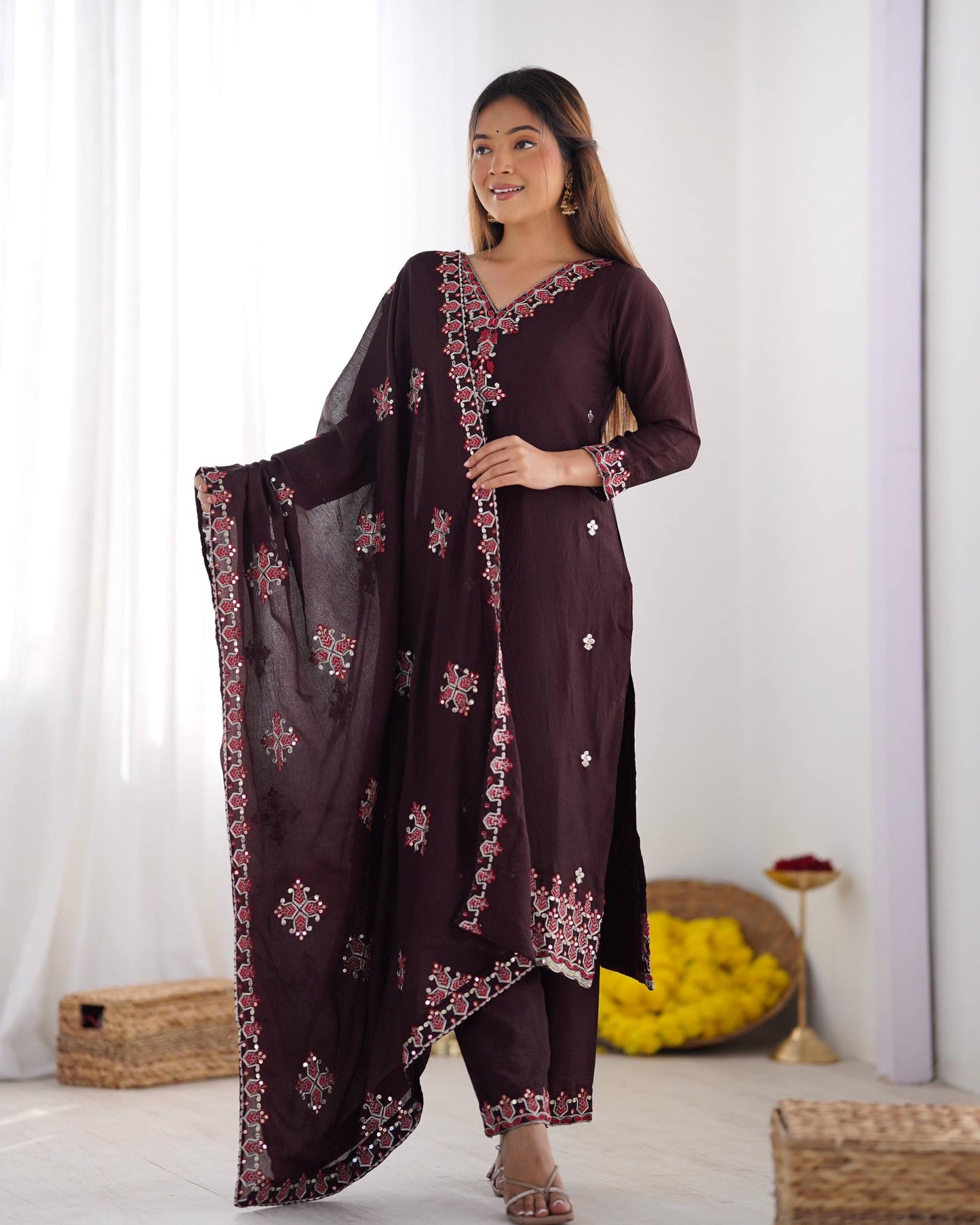Embroidered Chinnon Silk Suit Set with Dupatta