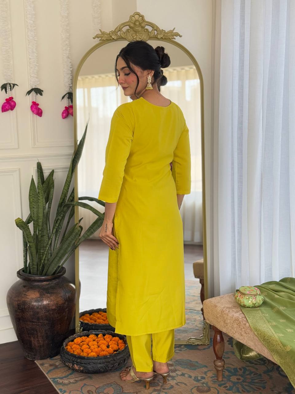 Lime Yellow Chanderi Kurti Set with Dupatta
