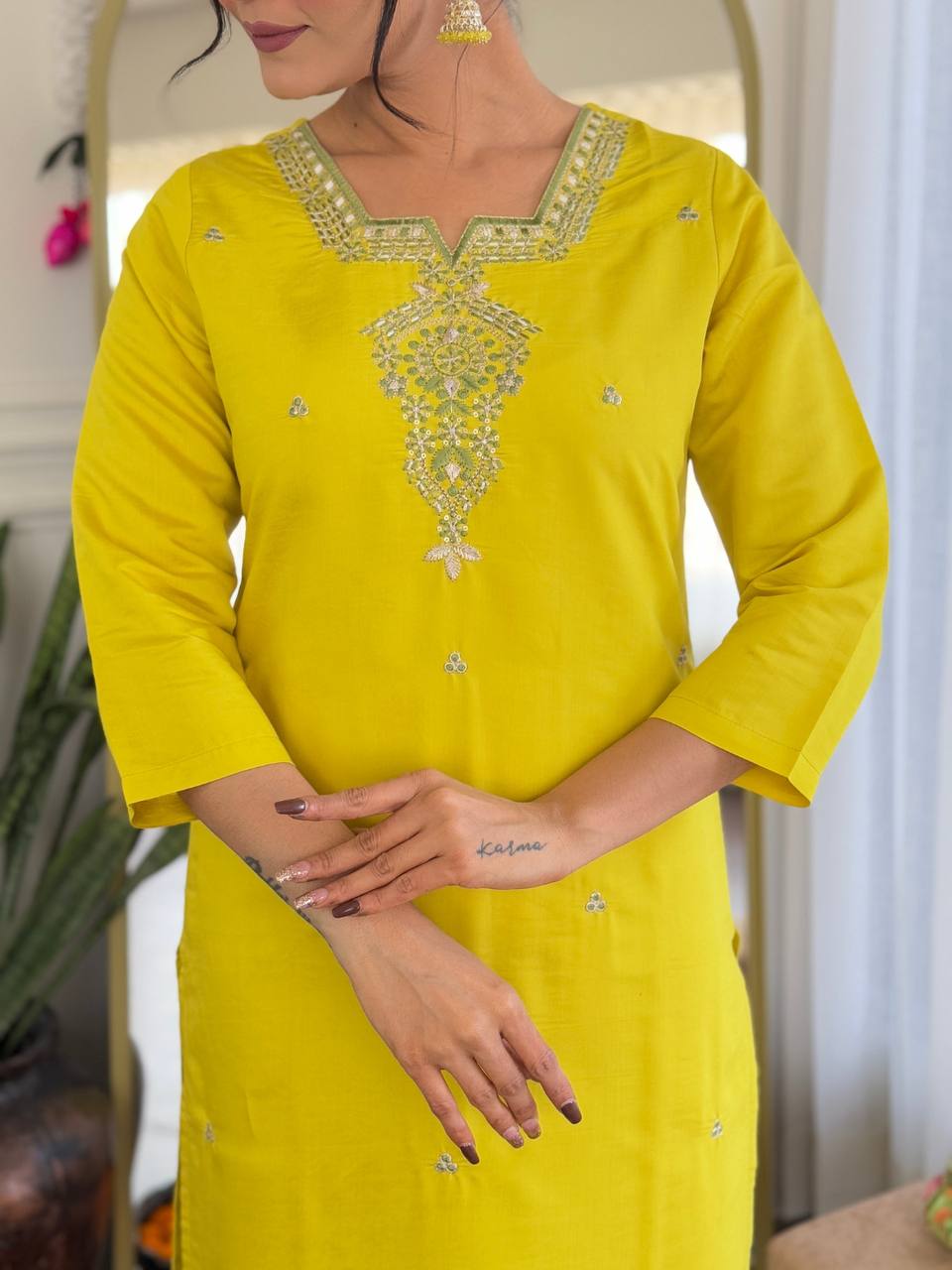 Lime Yellow Chanderi Kurti Set with Dupatta