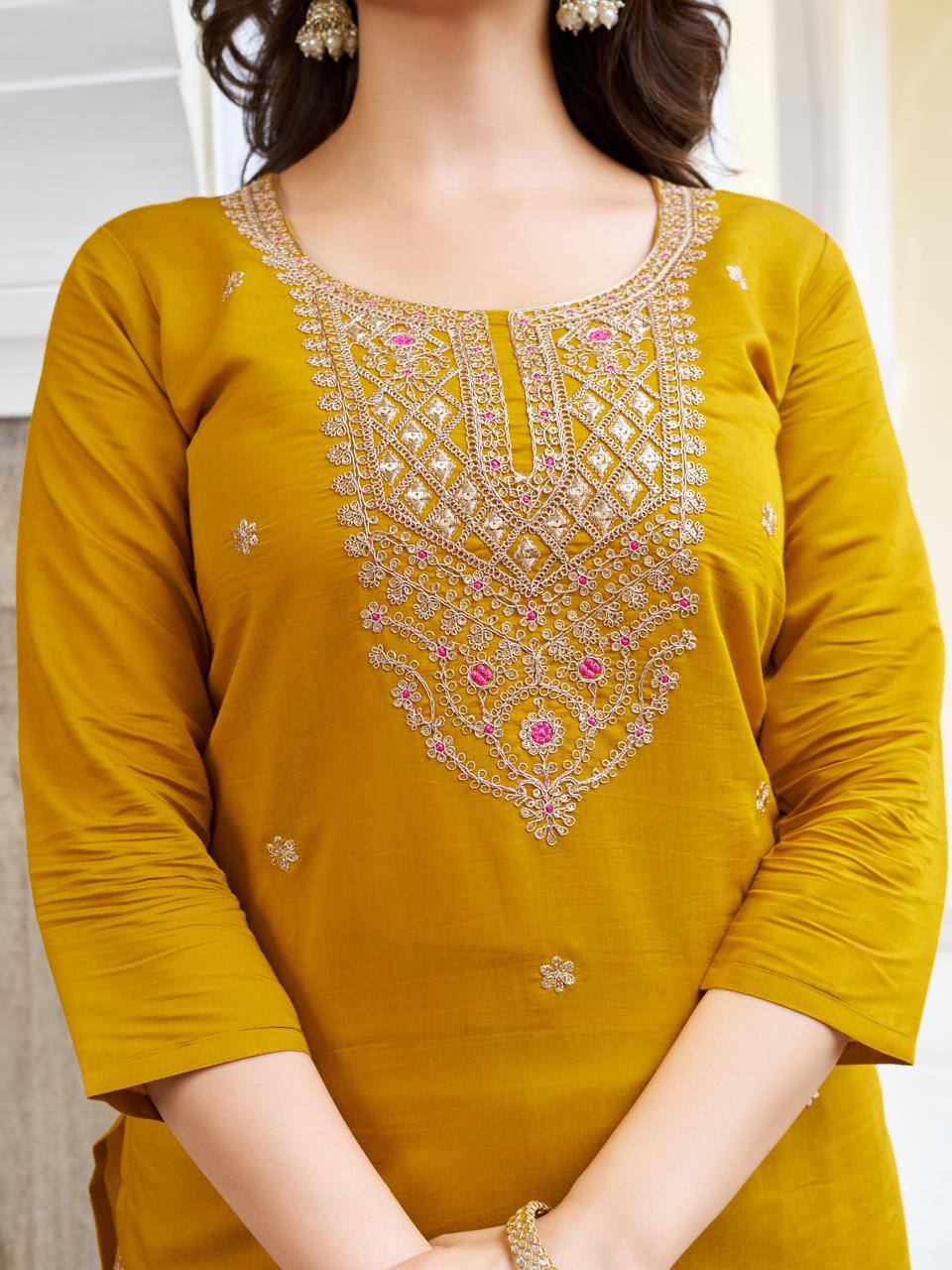 Mustard Viscose Chanderi Kurti Set with Dupatta
