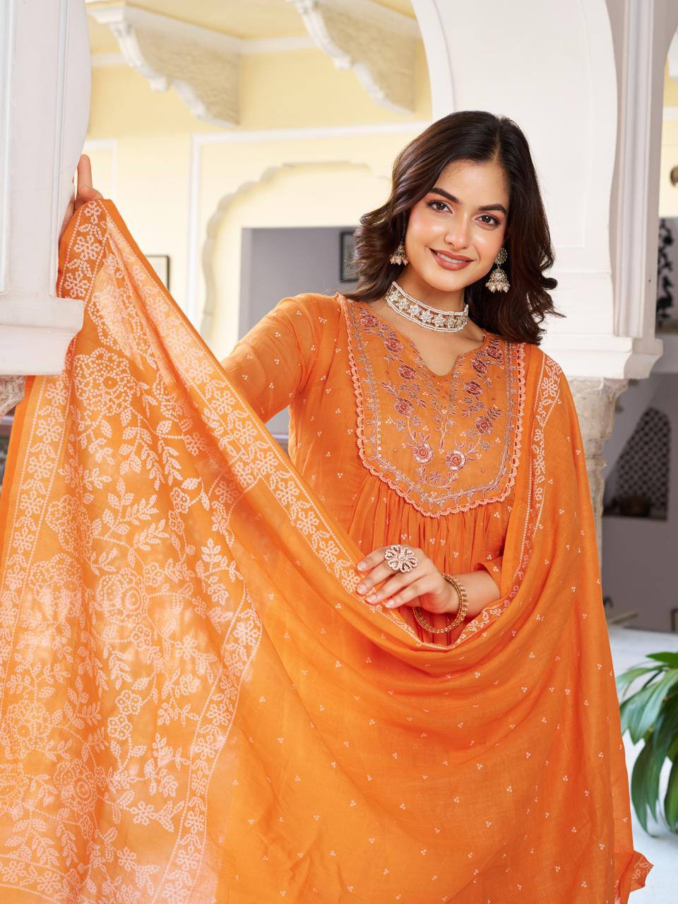 Embroidered Kurti Set with Dupatta - Orange | Olive