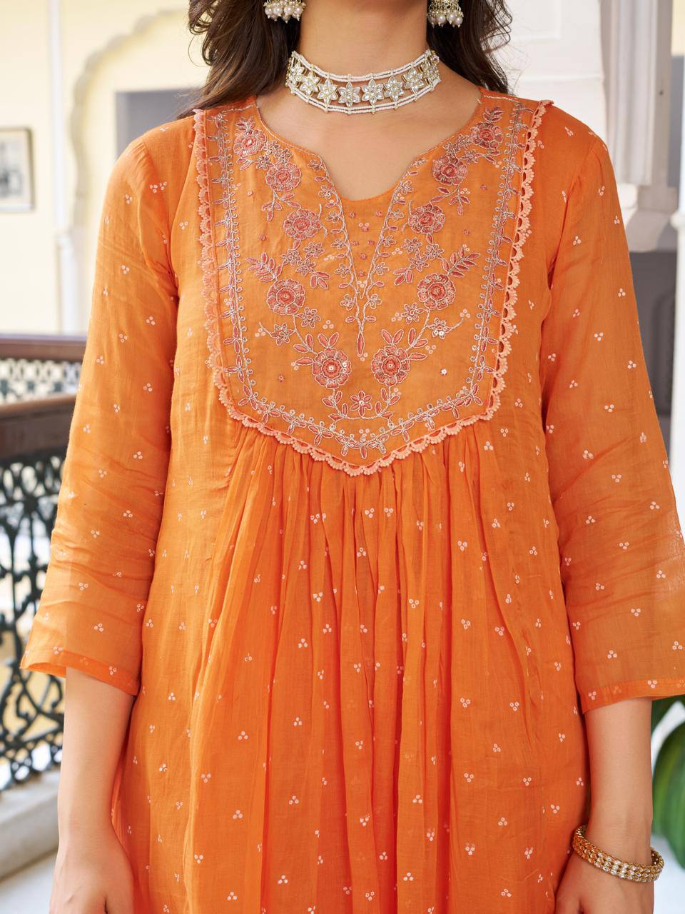 Embroidered Kurti Set with Dupatta - Orange | Olive