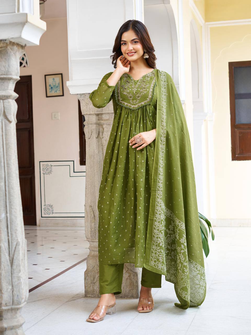 Embroidered Kurti Set with Dupatta - Orange | Olive