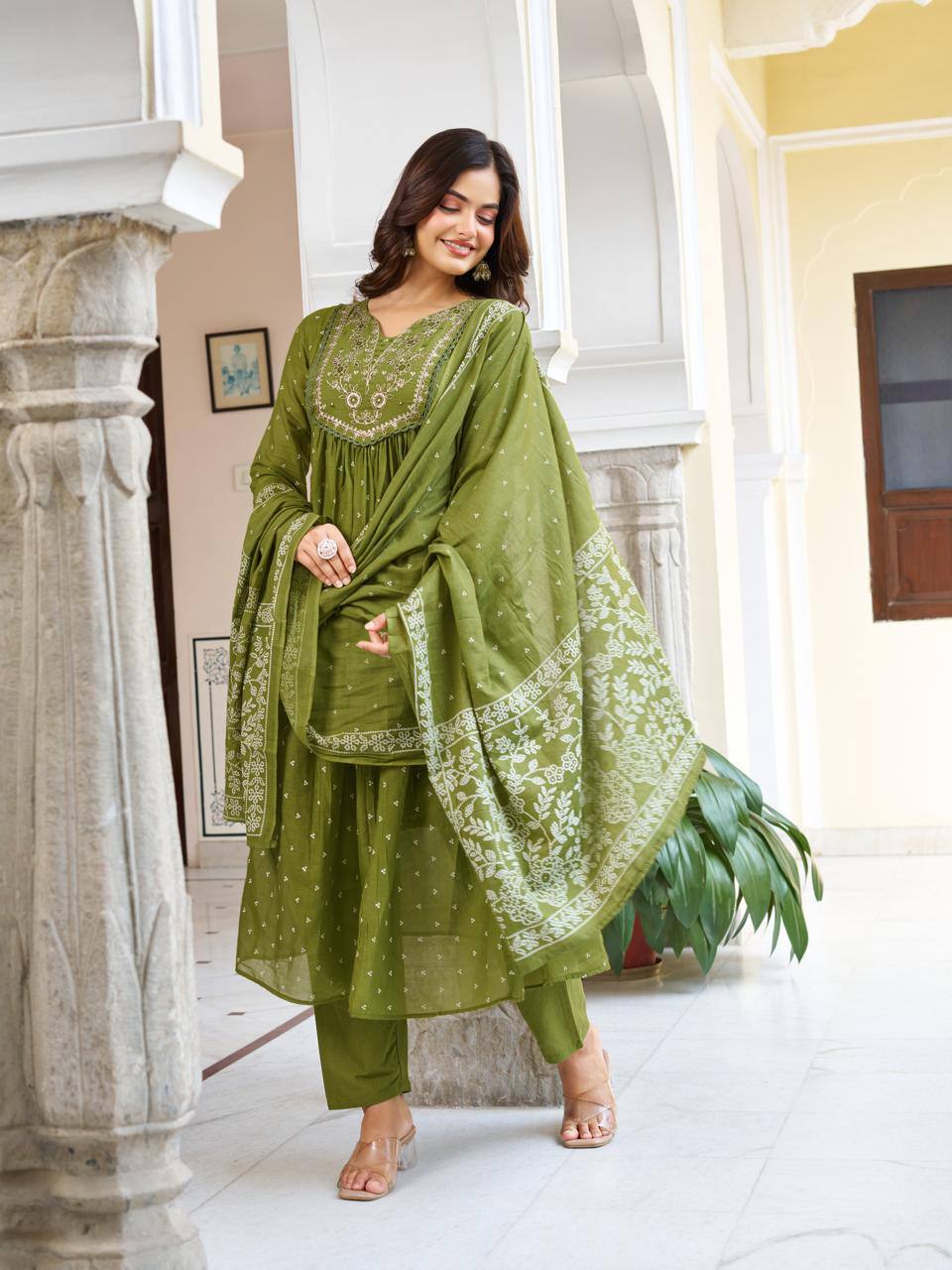 Embroidered Kurti Set with Dupatta - Orange | Olive