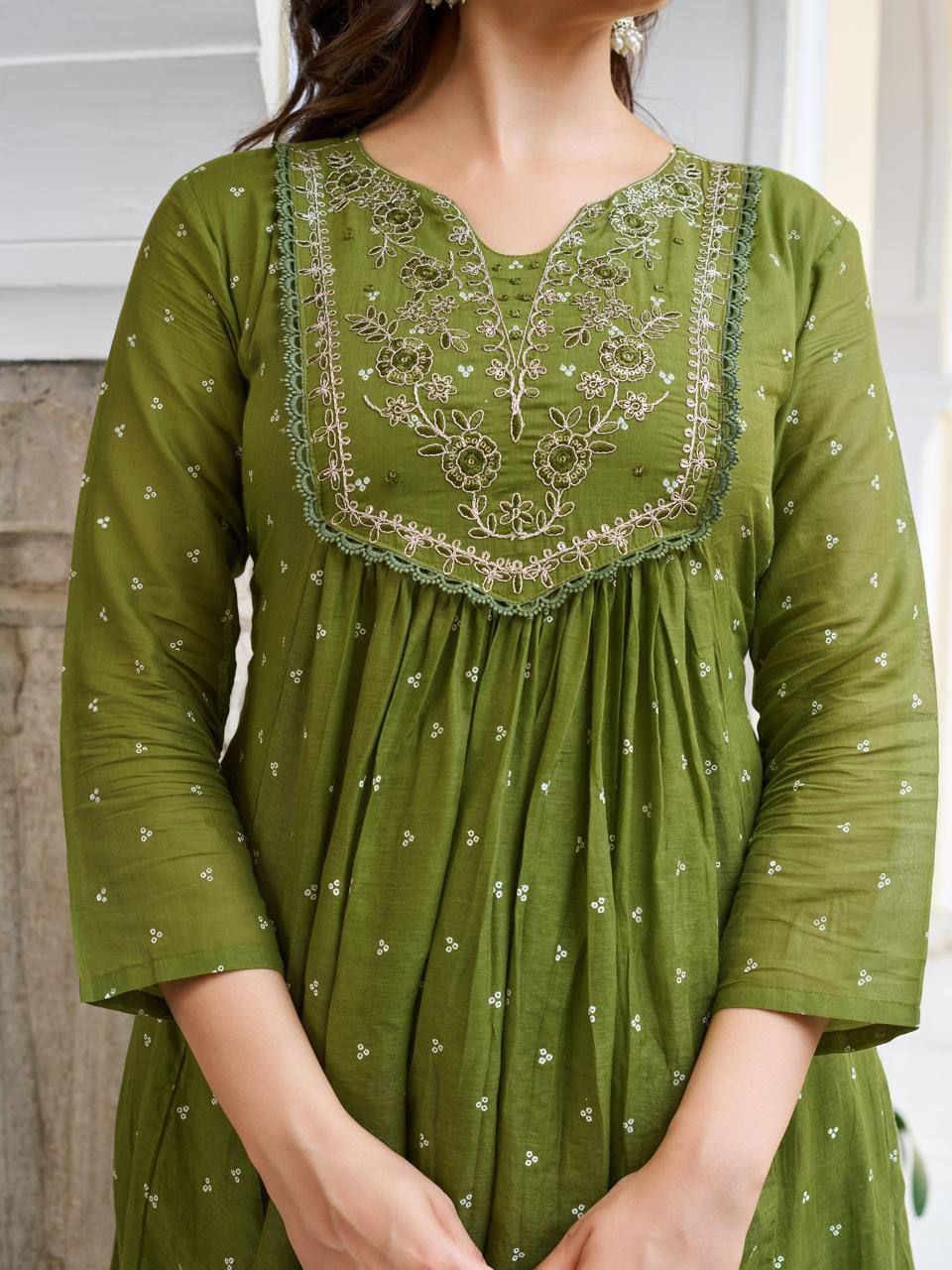 Embroidered Kurti Set with Dupatta - Orange | Olive