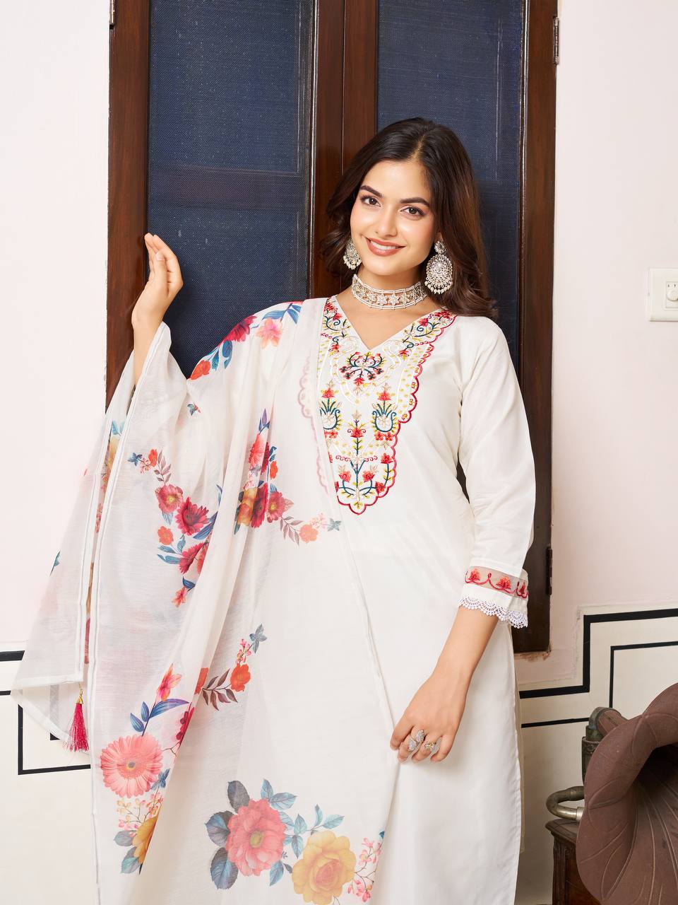 White Floral Embroidered Chanderi Suit Set with Dupatta