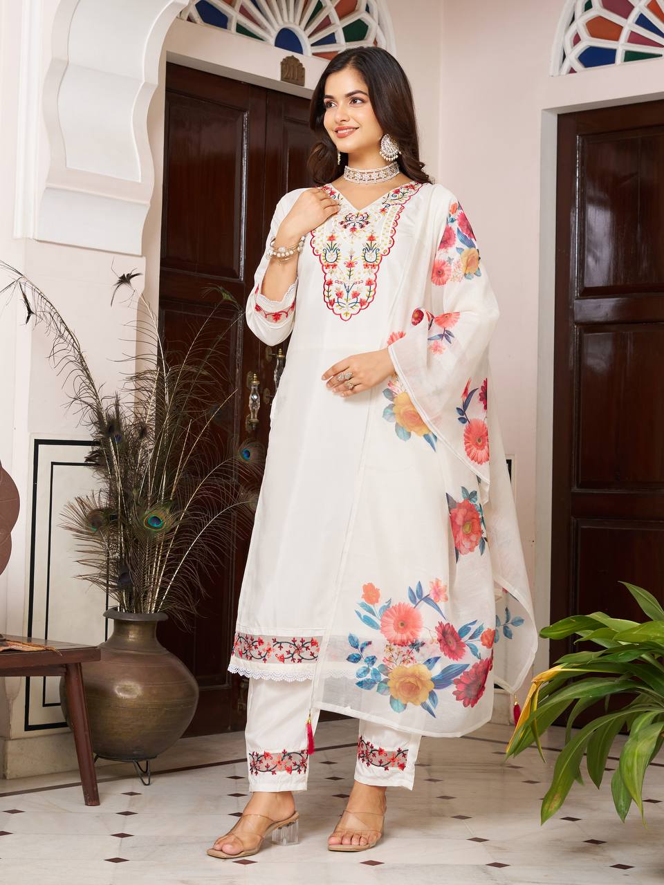 White Floral Embroidered Chanderi Suit Set with Dupatta