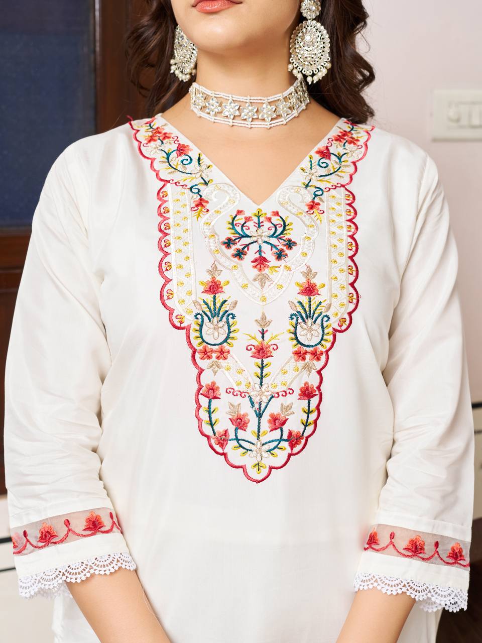 White Floral Embroidered Chanderi Suit Set with Dupatta