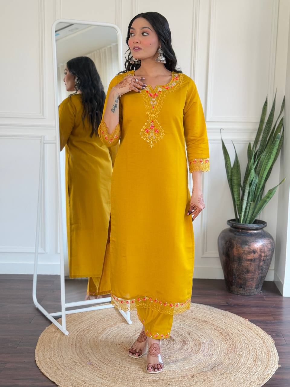 Mustard Yellow Embroidered Kurti Suit with Dupatta