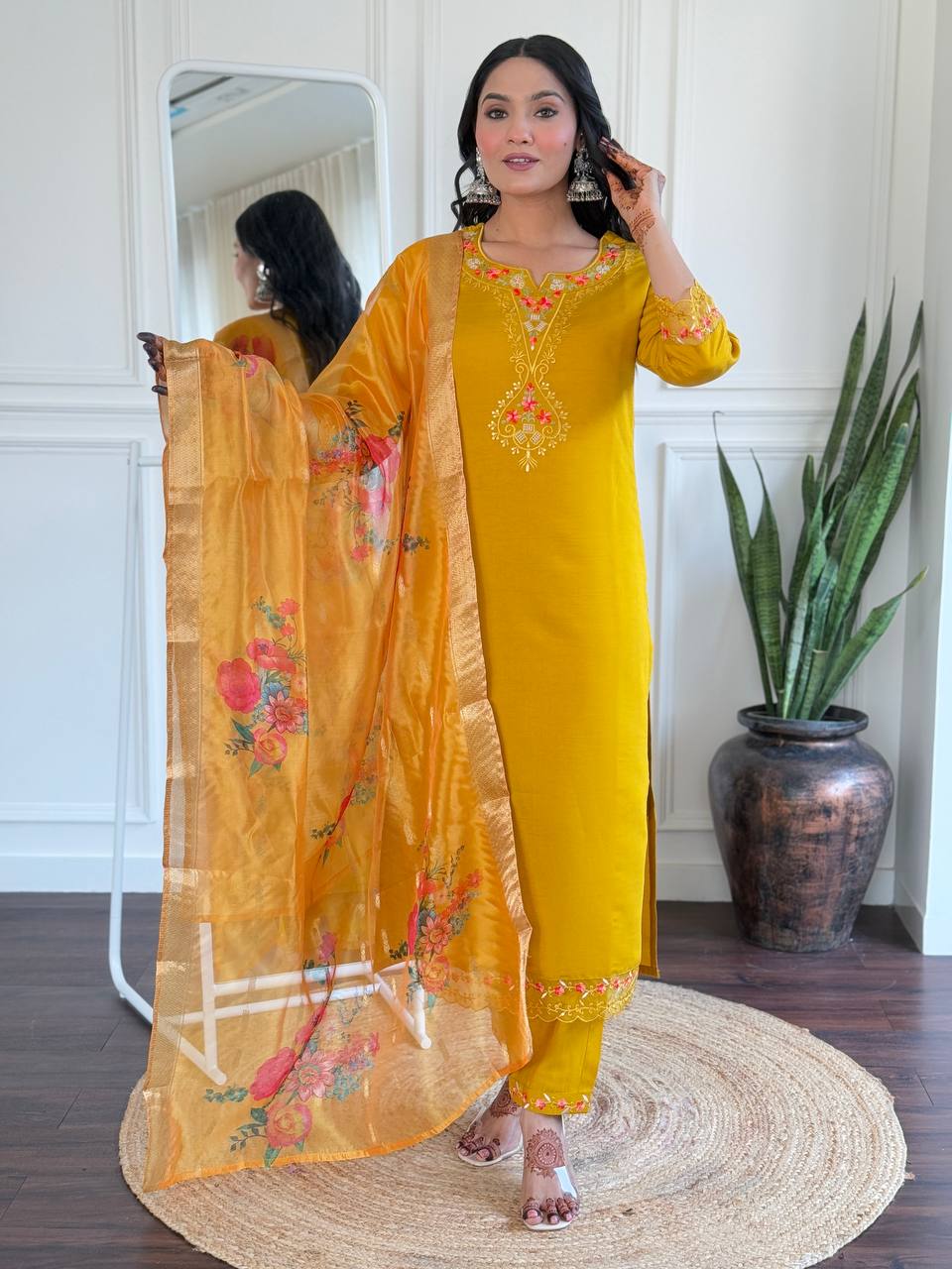Mustard Yellow Embroidered Kurti Suit with Dupatta