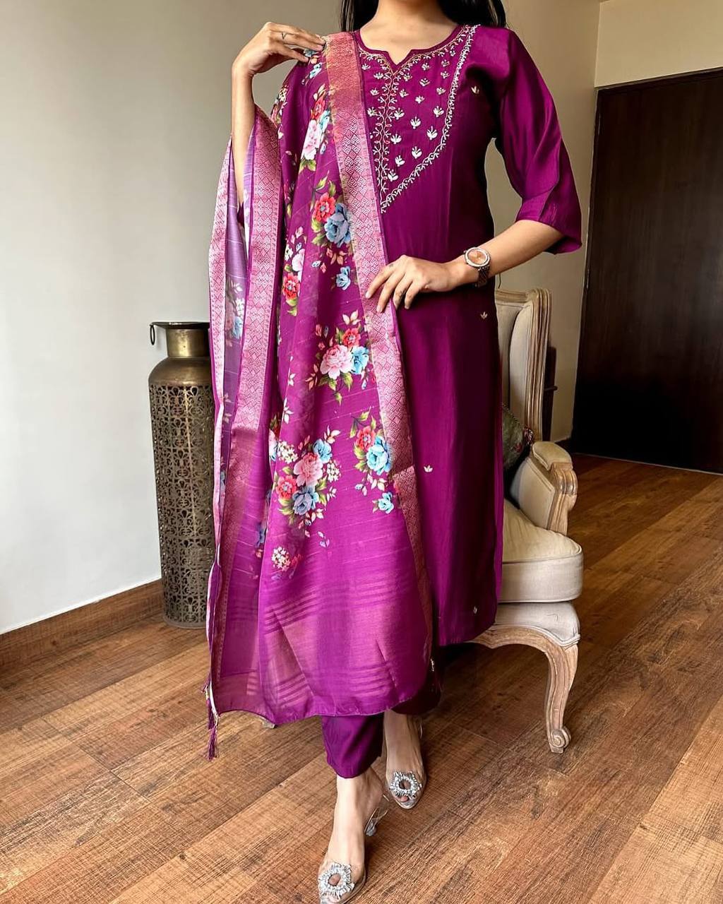 Purple Embroidered Kurti Set with Floral Dupatta