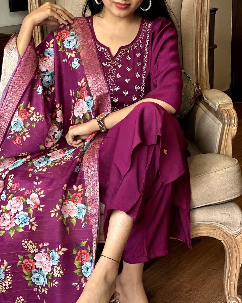 Purple Embroidered Kurti Set with Floral Dupatta