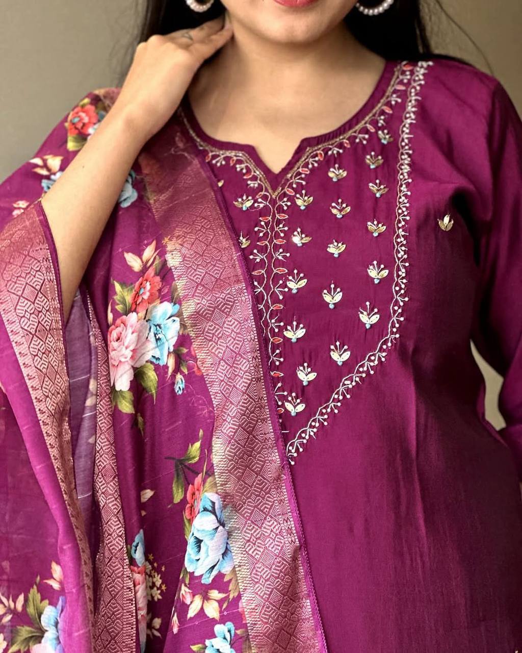 Purple Embroidered Kurti Set with Floral Dupatta