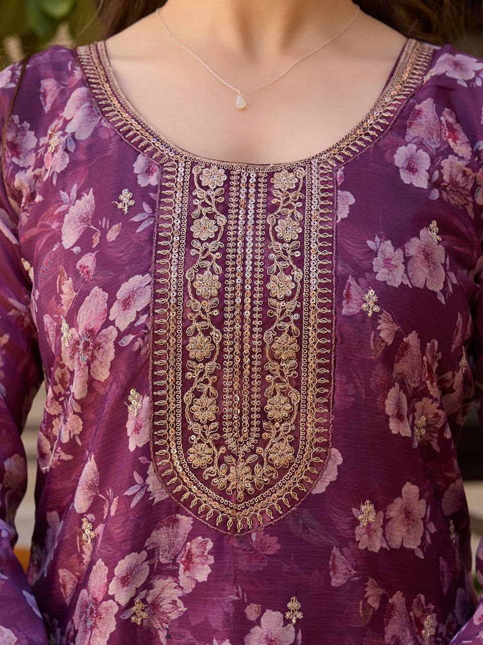 Floral Embroidered Chinon Suit Set with Sequins