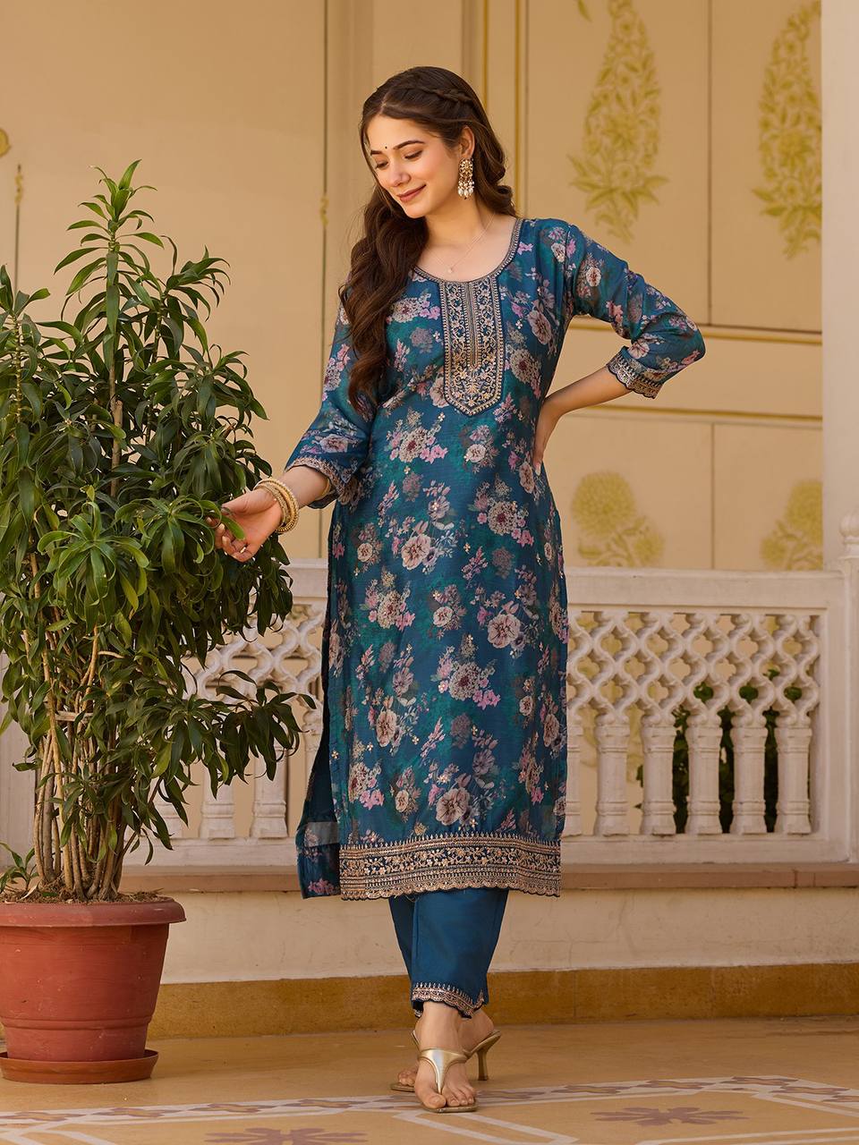 Floral Embroidered Chinon Suit Set with Sequins